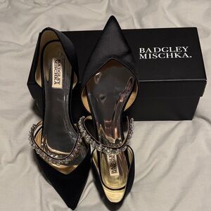 Badgley Mischka Black Satin D’orsay Flats with Crystal Embellishments